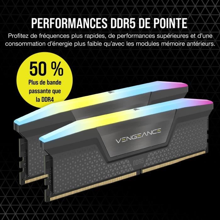 Mémoire RAM - CORSAIR - Vengeance RGB DDR5 RAM 64Go (2x32Go) 6000MHz CL30 AMD Expo Compatible iCUE - Gris (CMH64GX5M2B6000Z30)