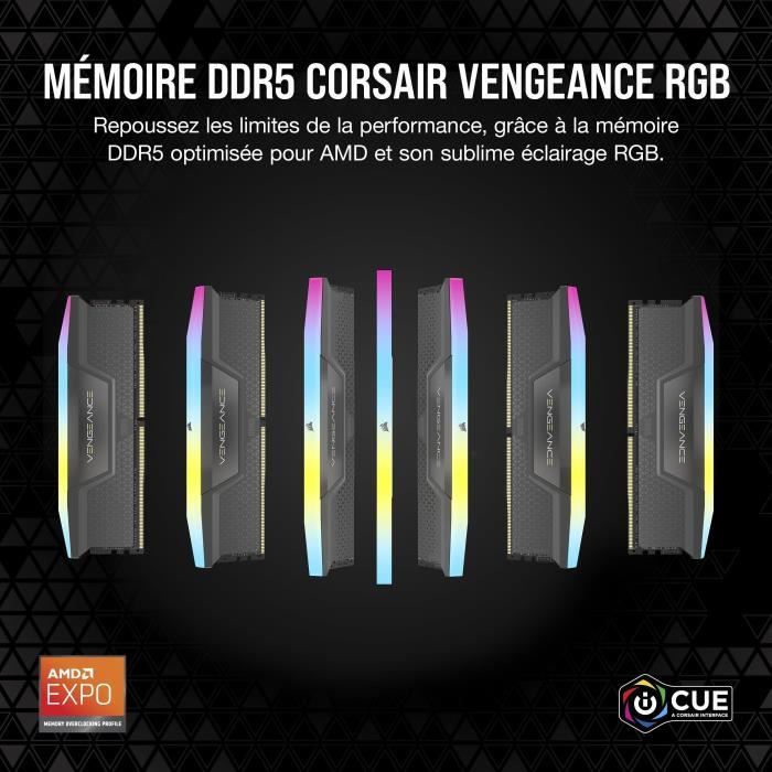 Mémoire RAM - CORSAIR - Vengeance RGB DDR5 RAM 64Go (2x32Go) 6000MHz CL30 AMD Expo Compatible iCUE - Gris (CMH64GX5M2B6000Z30)