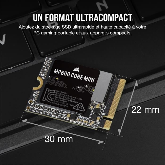 SSD interne - CORSAIR - MP600 Core Mini 1To M.2 NVMe PCIe x4 Gen4 2 SSD - M.2 2230 - Jusqu'a 5.000 Mo/s - Noir