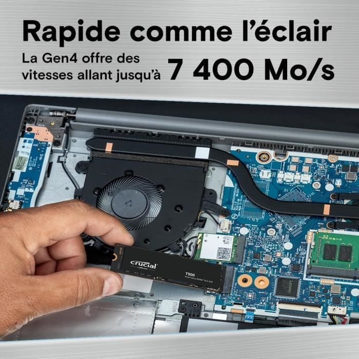 Crucial T500 SSD 2 To PCIe Gen4 NVMe M.2 SSD Interne Gaming, jusqu'a 7200Mo/s,  Disque Dur SSD- CT2000T500SSD8