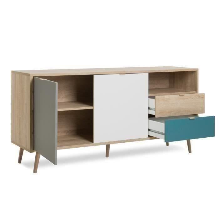 Buffet bas - Chene, gris et bleu pétrole - Scandinave - CUBA - L 150 x P 40 x H 71 cm