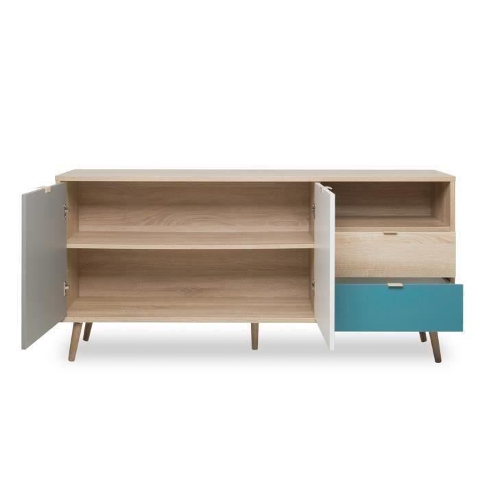 Buffet bas - Chene, gris et bleu pétrole - Scandinave - CUBA - L 150 x P 40 x H 71 cm