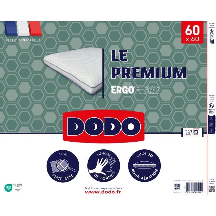 Oreiller Le Premium DODO - 60x60 cm - Mémoire de forme - Taie déhoussable