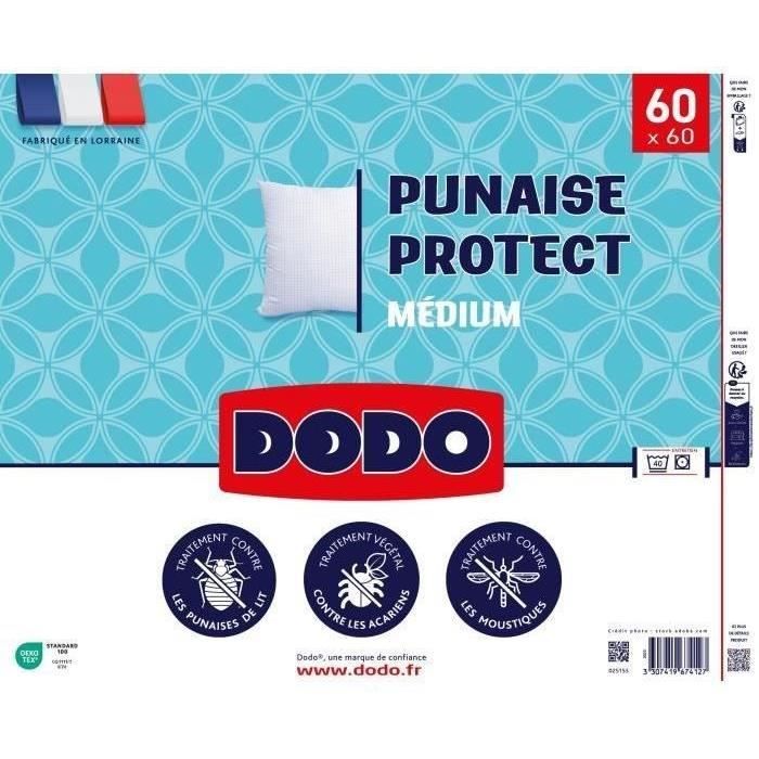 Oreiller médium DODO 60x60 cm - Protection anti punaise, anti acarien - 550 gr - Blanc - Fabriqué en France