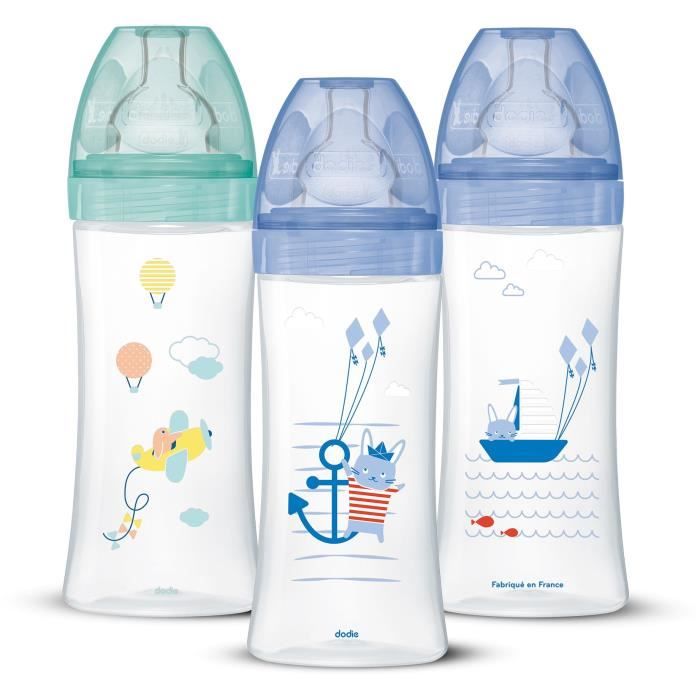 DODIE Lot de 3 Biberons Anti-Colique Sensation+ 330ml +6 Mois, Tétine Plate, Débit 3 - Bleu Mer et Vert Air