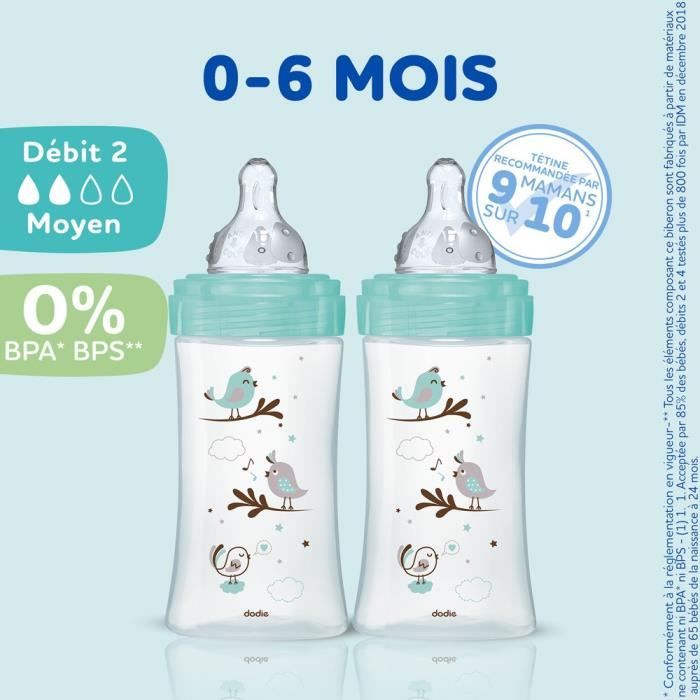 Lot de 3 Biberons DODIE Anti-Colique Initiation+ - Verre - 270ml - 0-6 Mois - Tétine Ronde - Débit 2