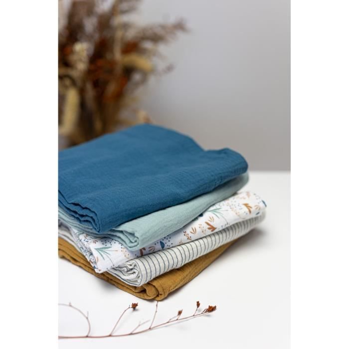 Lot de 3 langes Bambou - DOMIVA - 1 Imprimé + 2 Uni - Bleu indigo - 60x60 cm