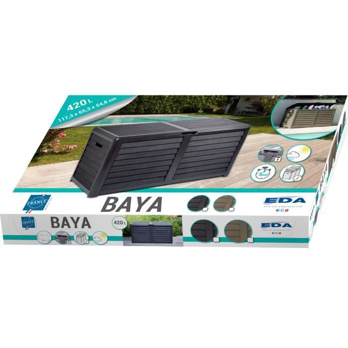 EDA Coffre de jardin BAYA en Plastique 420 litres - Décor imitation bois - Gris anthracite - Fabriqué en France