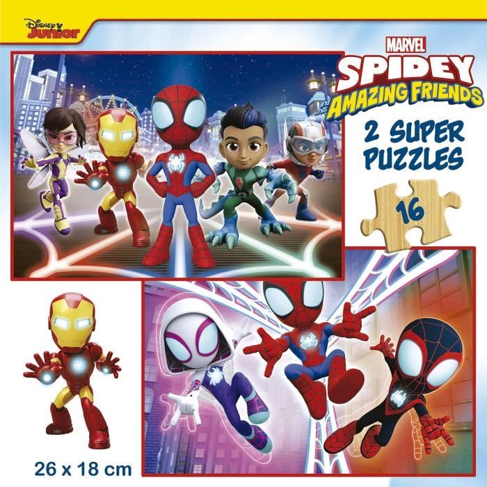 Puzzle en bois SPIDEY & HIS AMAZING FRIENDS - 2x16 pieces - Enfant - Mixte - Licence Spiderman