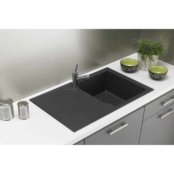 STRADOUR Evier cuisine a encastrer 1 bac + 1 égouttoir Aloa - Résine - 81 x 50 cm - Noir