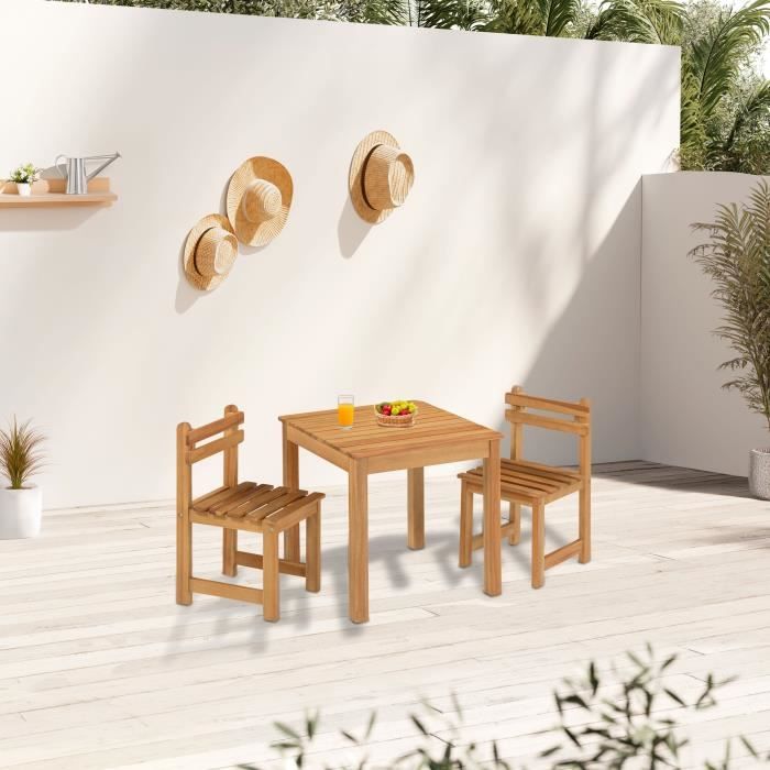 Ensemble repas de jardin pour enfant - 2 personnes - Table carrée 50 x 50 x 50 cm et 2 chaises - Bois Acacia FSC