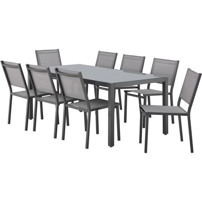 Ensemble repas de jardin : Table 180 cm + 8 chaises - Structure aluminium - Plateau verre trempé - Gris