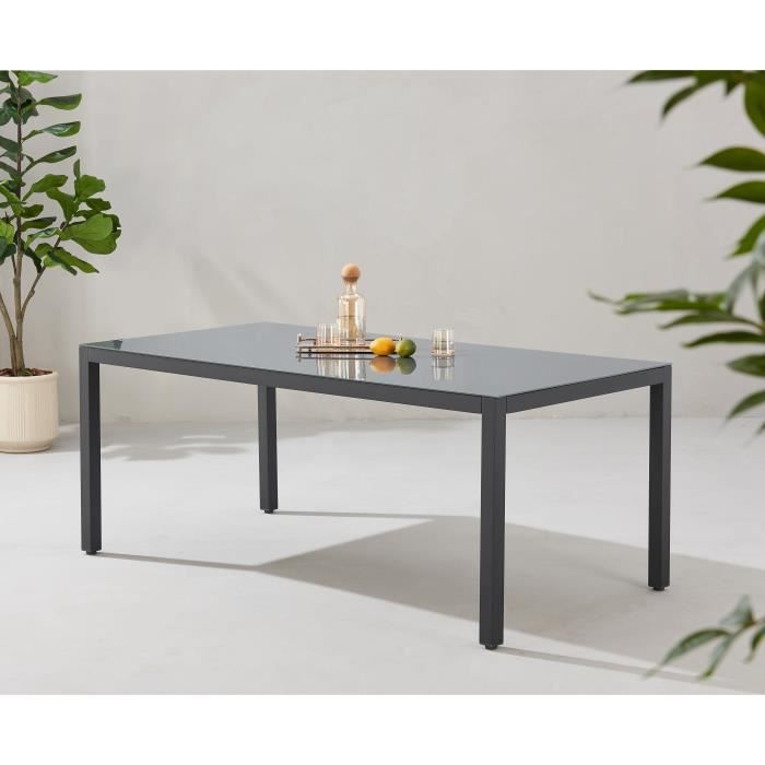 Ensemble repas de jardin : Table 180 cm + 8 chaises - Structure aluminium - Plateau verre trempé - Gris