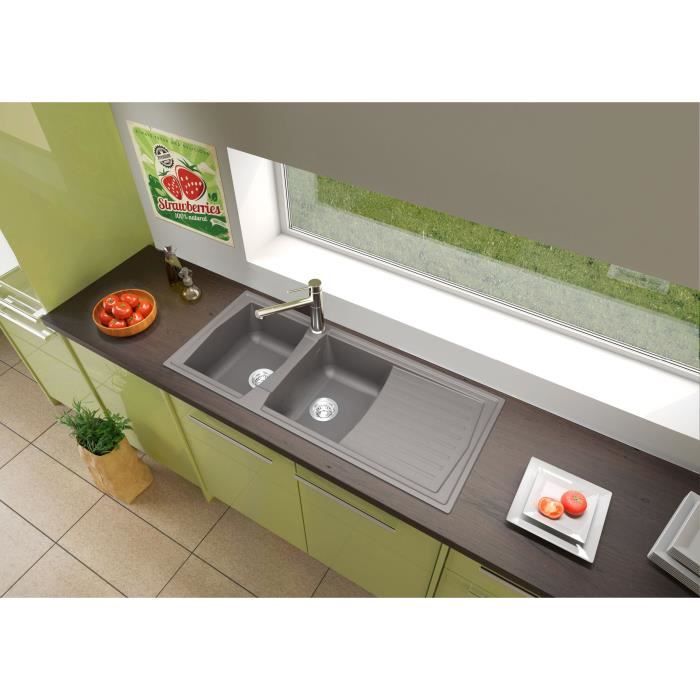 STRADOUR Evier cuisine a encastrer 2 bacs + 1 égouttoir Arena - Résine - 116 x 50 cm - Gris béton