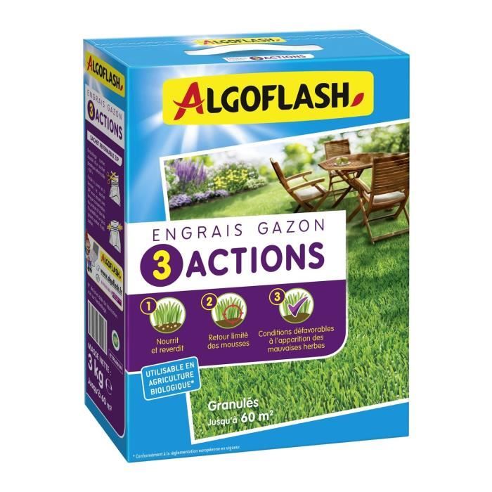 Engrais Gazon - ALGOFLASH NATURASOL - 3 Actions - 3 kg