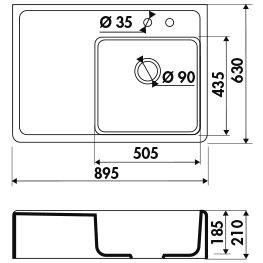 Evier Timbre d'Office a poser -  Granit - 1 Bac 1 Egouttoir - 895x630 - Vidage manuel - Noir mat