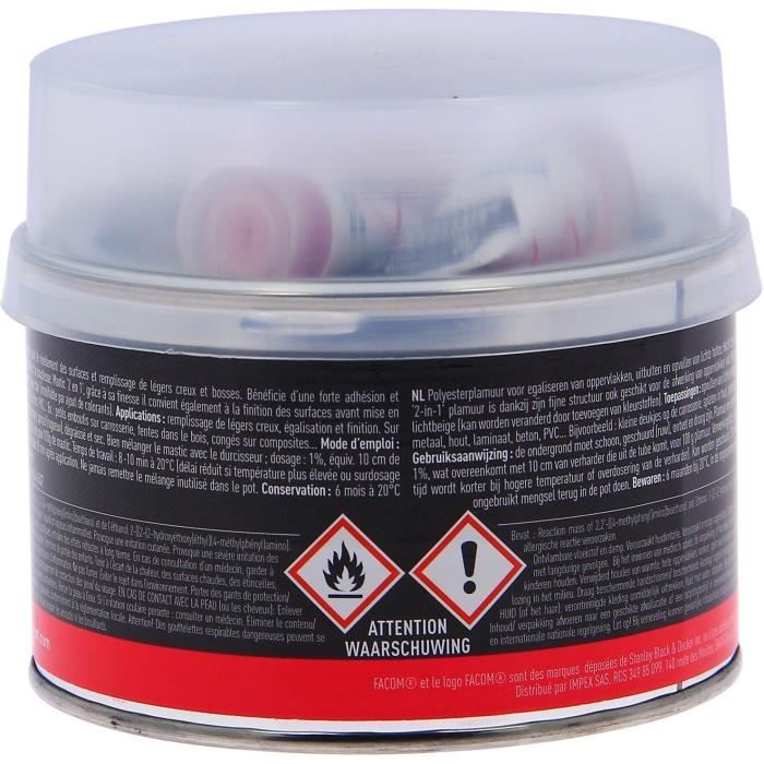 Mastic polyester souple 2en1 - FACOM - 500 g - Forte adhésion - Beige clair - Avec durcisseur