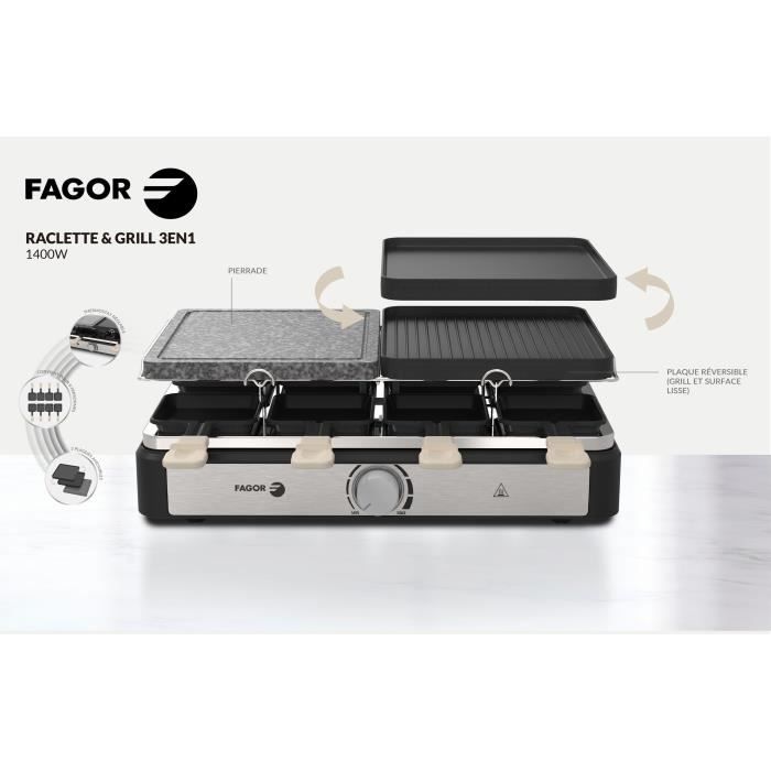 Raclette / Grill - FAGOR - FGRG8 - 8 personnes - Pierre de Cuisson - 1400W - Thermostat réglable