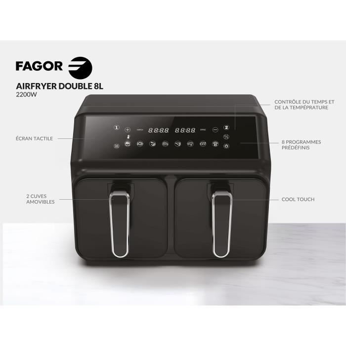 Airfryer 8L - FAGOR - Friteuse sans huile 2 cuves de 4L - 2200W - 8 programmes - Noir