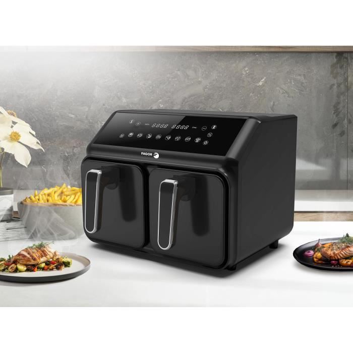 Airfryer 8L - FAGOR - Friteuse sans huile 2 cuves de 4L - 2200W - 8 programmes - Noir