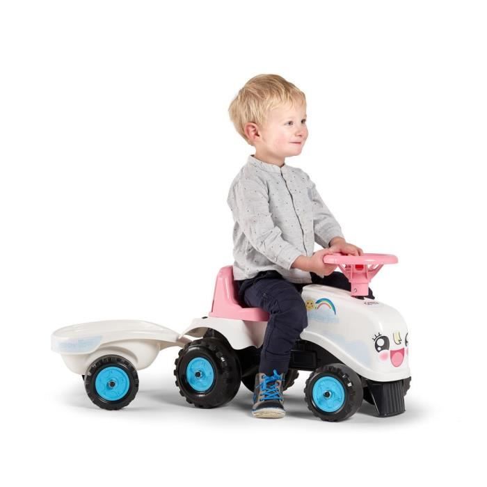 Porteur Tracteur Rainbow Farm avec remorque - FALK - Pour filles des 1 an - Formes rondes et couleurs pastels