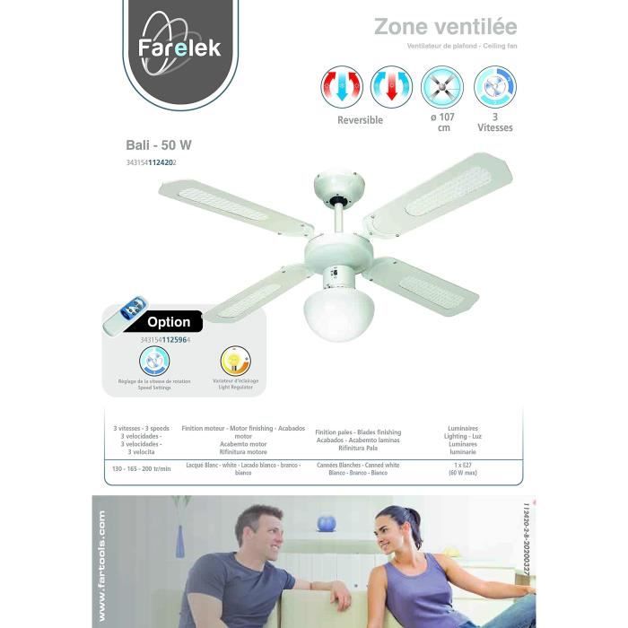 Ventilateur de plafond réversible FARELEK BALI - Ø 107 cm, 4 pales blanches / cannées blanches + éclairage - 112420