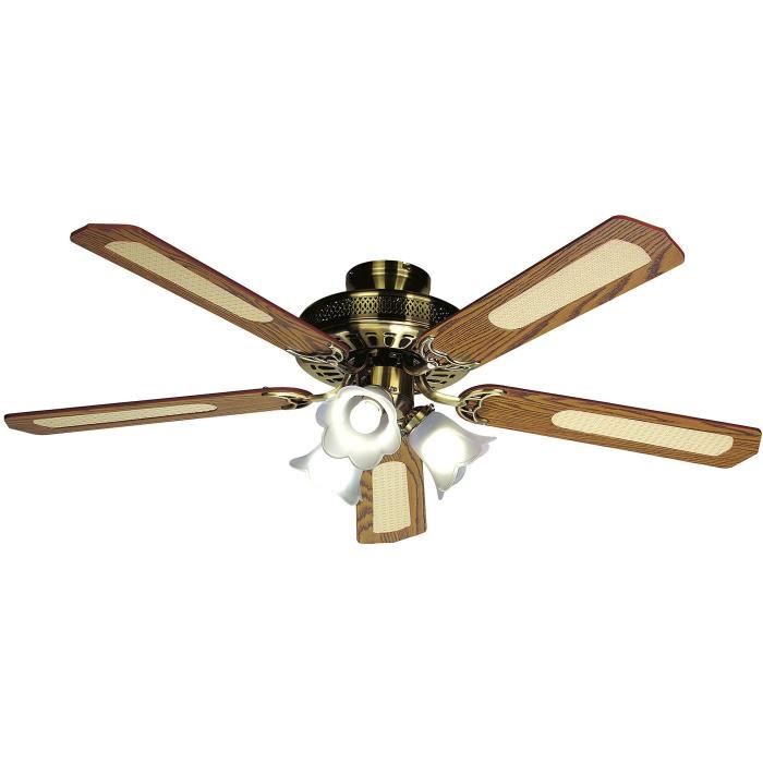 Ventilateur de plafond réversible FARELEK BALEARES - Ø 132 cm, 5 pales noyer / cannées + éclairage 3 tulipes 60 W E27