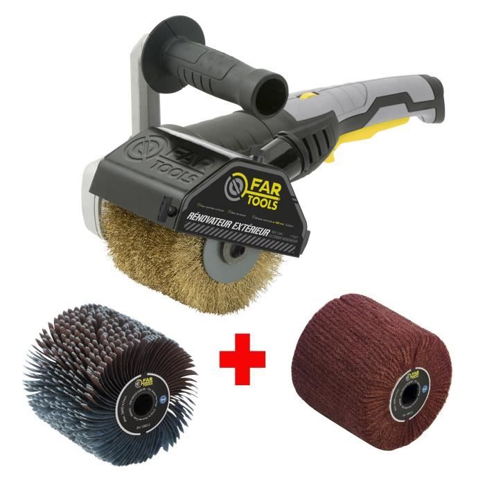 FARTOOLS   Rénovateur REX120C + brosse lanieres abrasives et fibre synthétique  Pour bois et métal - Surfaces planes ou complexes