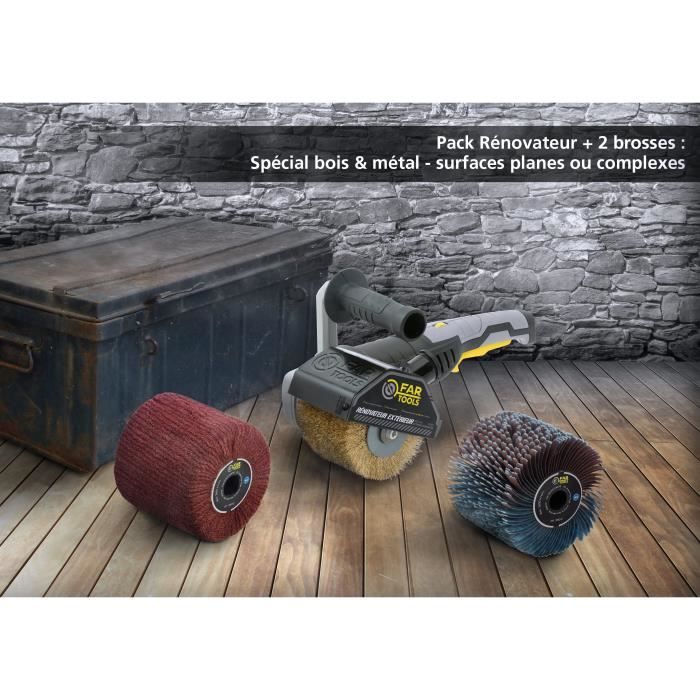 FARTOOLS   Rénovateur REX120C + brosse lanieres abrasives et fibre synthétique  Pour bois et métal - Surfaces planes ou complexes