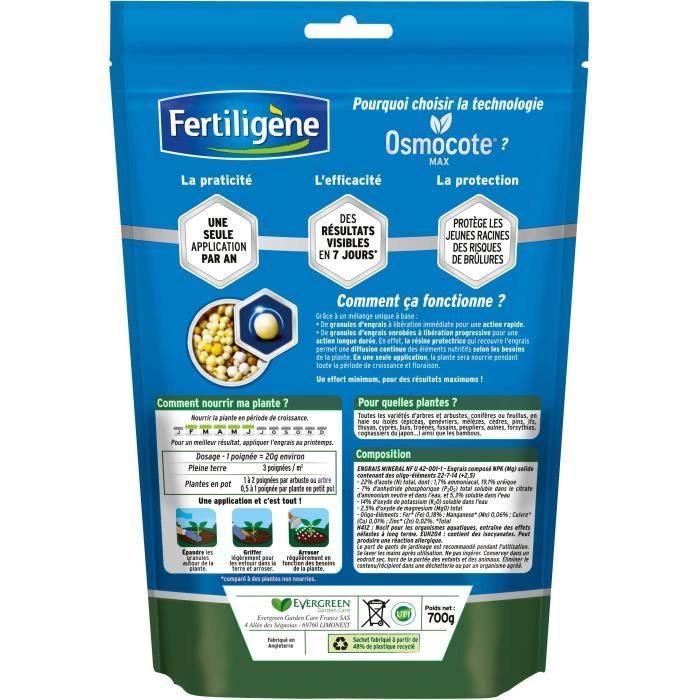 FERTILIGeNE - Engrais Longue durée Osmocote max Arbustes, Buis, Coniferes, Haies 700g