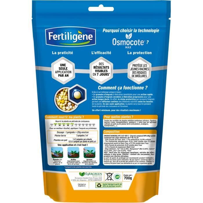 FERTILIGeNE - Engrais Longue durée Osmocote max Agrumes et Plantes méditerranéennes 700g