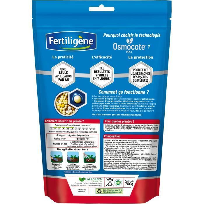 FERTILIGeNE - Engrais Longue durée Osmocote max Géraniums, Dipladénias, Surfinias 700g