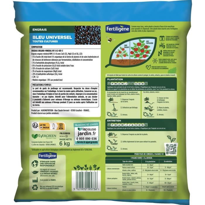 FERTILIGENE FBLEUBIO6 - Engrais Bleu Universel 6 kg - Floraison et récoltes abondantes - Nourrit jusqu'a 3 mois - Pour 240m²