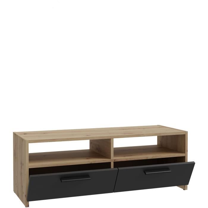 Meuble TV PILVI - Style contemporain - Décor Chene et Noir - 2 Abattants + 2 niches - L 95 x P 36 x H 34,5 cm