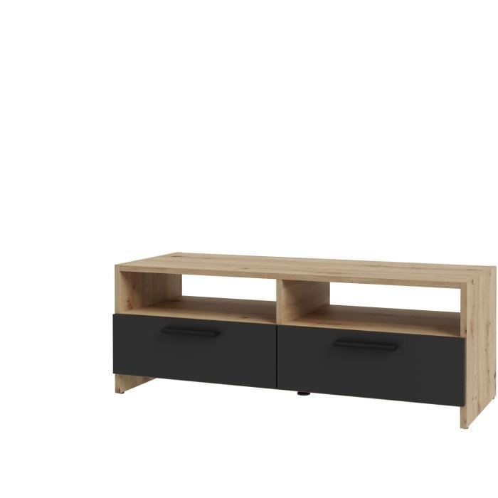 Meuble TV PILVI - Style contemporain - Décor Chene et Noir - 2 Abattants + 2 niches - L 95 x P 36 x H 34,5 cm