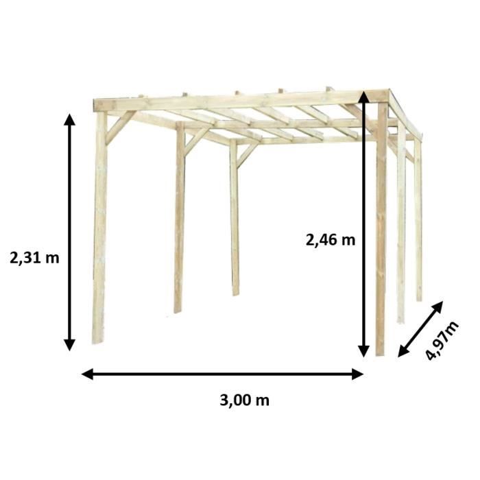 Carport en bois ALTONA - Toit plat - Autoclave - 15 m² - 3 x 5 m