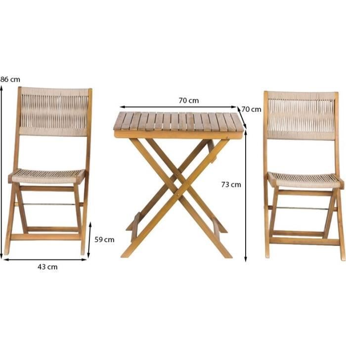 Set Bistrot - Pliable - 2 personnes - En bois d'acacia - BARI - FSC et corde écru