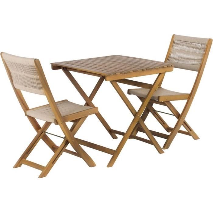 Set Bistrot - Pliable - 2 personnes - En bois d'acacia - BARI - FSC et corde écru