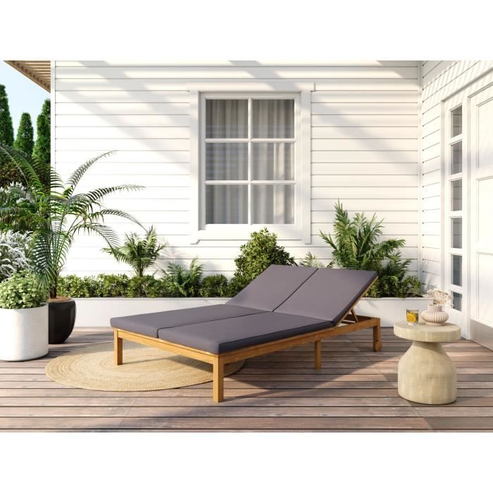 Bain de soleil double 2 personnes - Coloris : gris clair - En bois d'acacia FSC - BERGAME