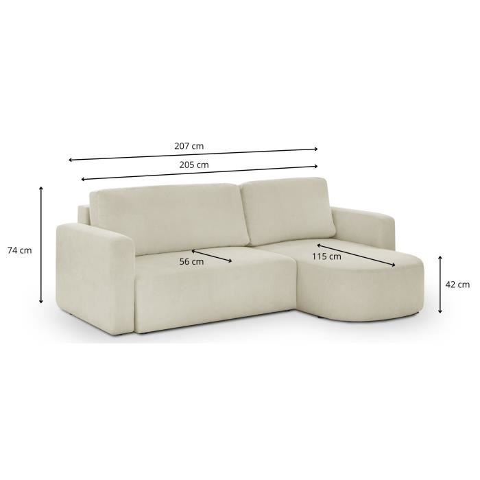 Canapé d'angle convertible et réversible 3 places GALET - Velours côtelé beige - Coffre de rangement - L238 x P154 x H86 cm