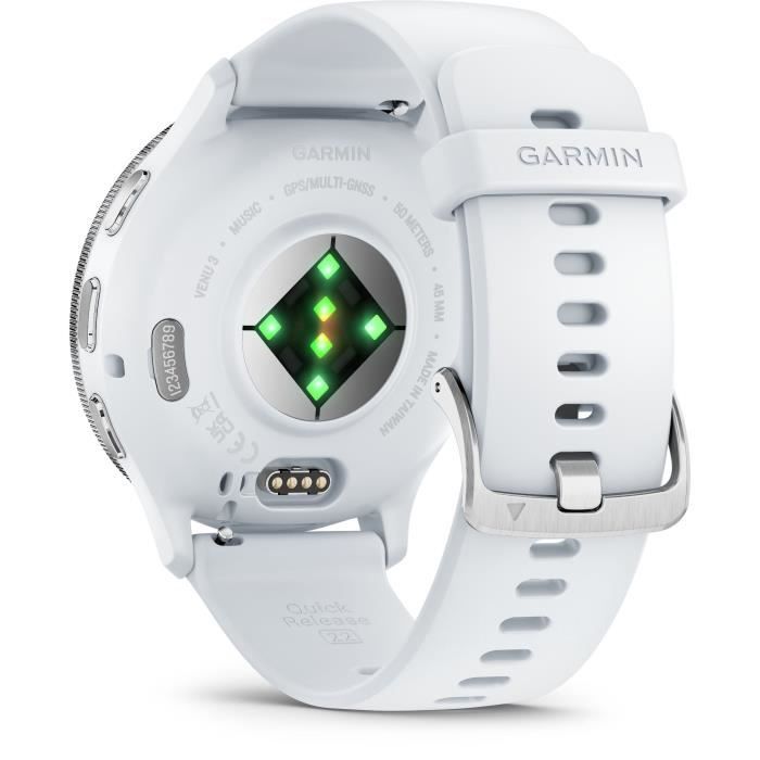 Montre GPS connectée - GARMIN - Venu 3 - WiFi - 35,4 mm (1,4) - Acier Silver, boîtier blanc et bracelet en silicone blanc