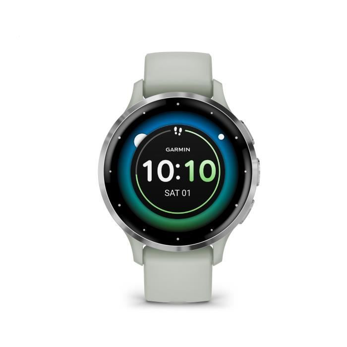 Montre GPS connectée - GARMIN - Venu 3S - 30,4mm (1,2) - Acier Silver, boîtier vert sauge et bracelet en silicone vert sauge