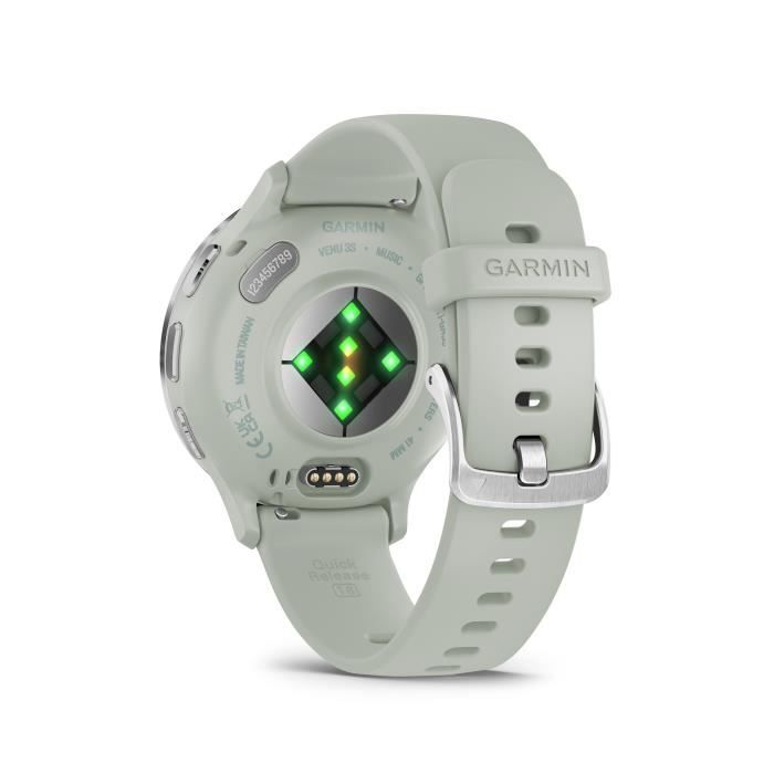 Montre GPS connectée - GARMIN - Venu 3S - 30,4mm (1,2) - Acier Silver, boîtier vert sauge et bracelet en silicone vert sauge