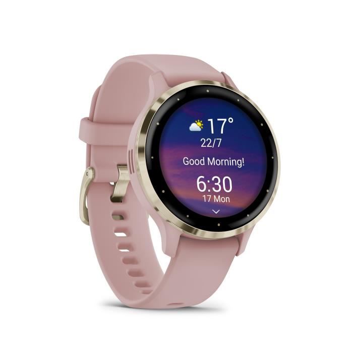 Montre GPS connectée - GARMIN - Venu 3S - 30,4mm (1,2) - Acier Soft Gold, boîtier rose et bracelet en silicone rose