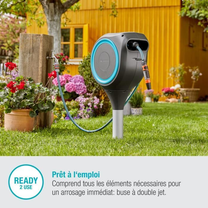 Dévidoir automatique sur pic GARDENA RollUp M liseret bleu - Longueur 20m - Ø11mm - Kit complet