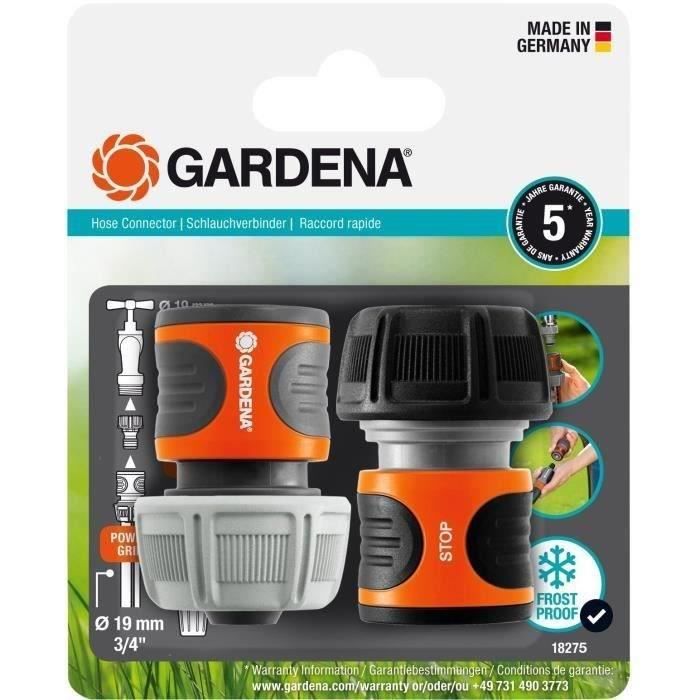 GARDENA raccords rapide et Aquastop Ø19 mmPour début et fin de tuyau Avec l'Original GARDENA SystemRésiste au get et UV