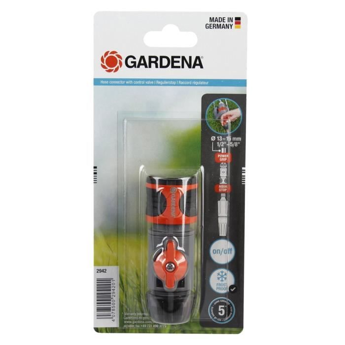 GARDENA Raccord régulateur  Compatible tuyaux Ø13mm & Ø15mm  Réglage débit & pression  Résistant gel  Garantie 5 ans (2942-20)