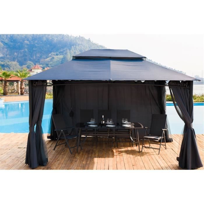 Tonnelle de jardin 3x4xH.2,85m- Structure Acier & Aluminium & toile Polyester 180gm2- moustiquaires & rideaux polyester 160gm2-