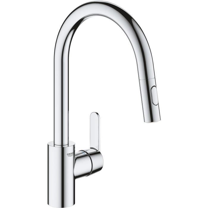 GROHE Robinet de cuisine évier Get, robinet avec douchette extractible, bec en forme de U, inverseur 2 jets, Supersteel, 31484001