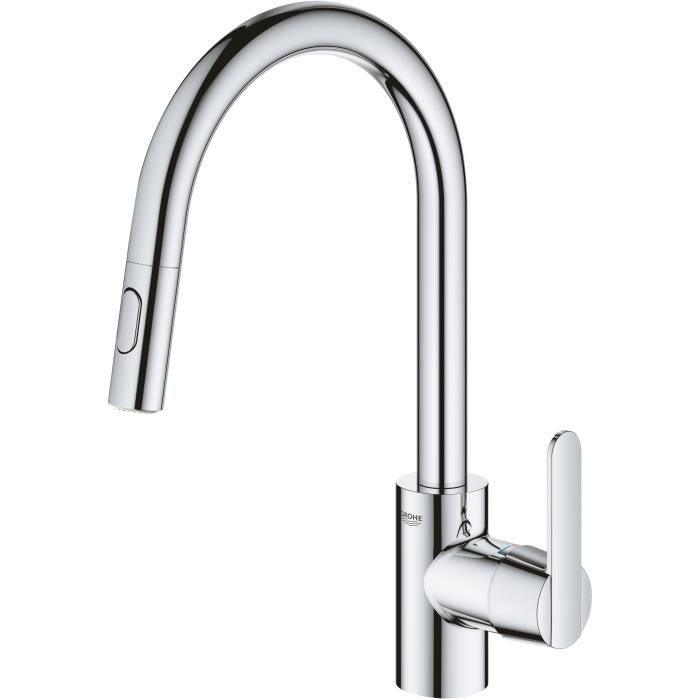 GROHE Robinet de cuisine évier Get, robinet avec douchette extractible, bec en forme de U, inverseur 2 jets, Supersteel, 31484001